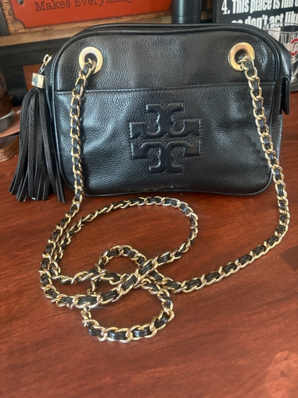 Tory Burch Black Pebbled Leather Crossbody with Gold Chain